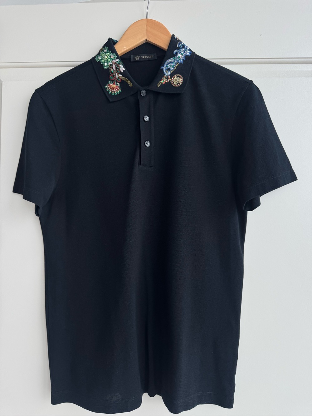 Versace Black Polo with Beaded Multi-Color Collar